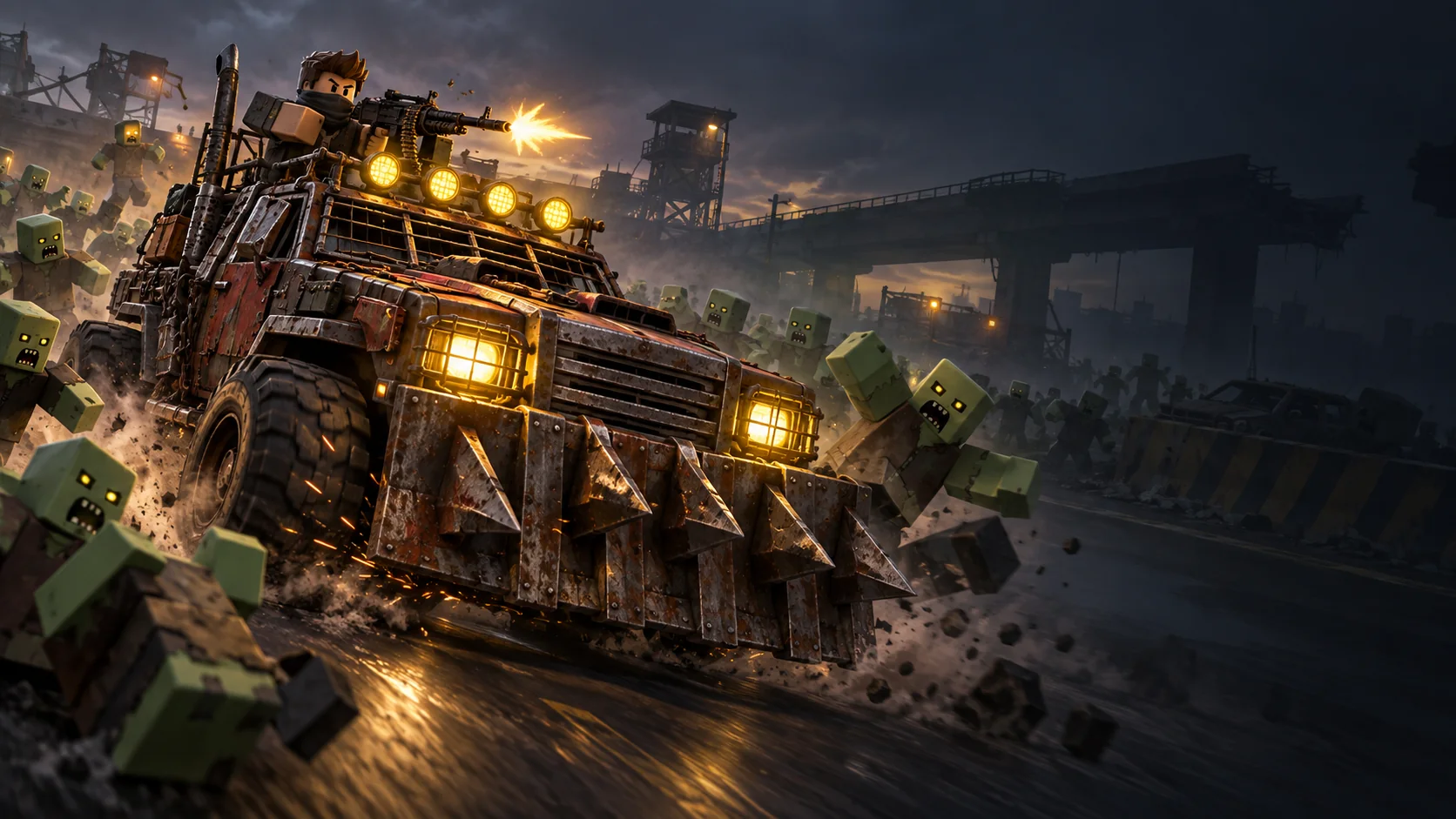 Original artwork of an improvised armored car breaking through a blocky zombie horde