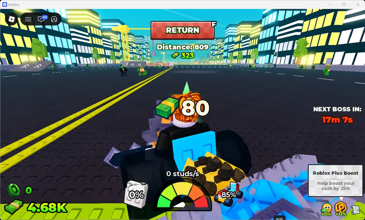 Build and Kill Zombies vehicle driving into the city with distance and cash HUD