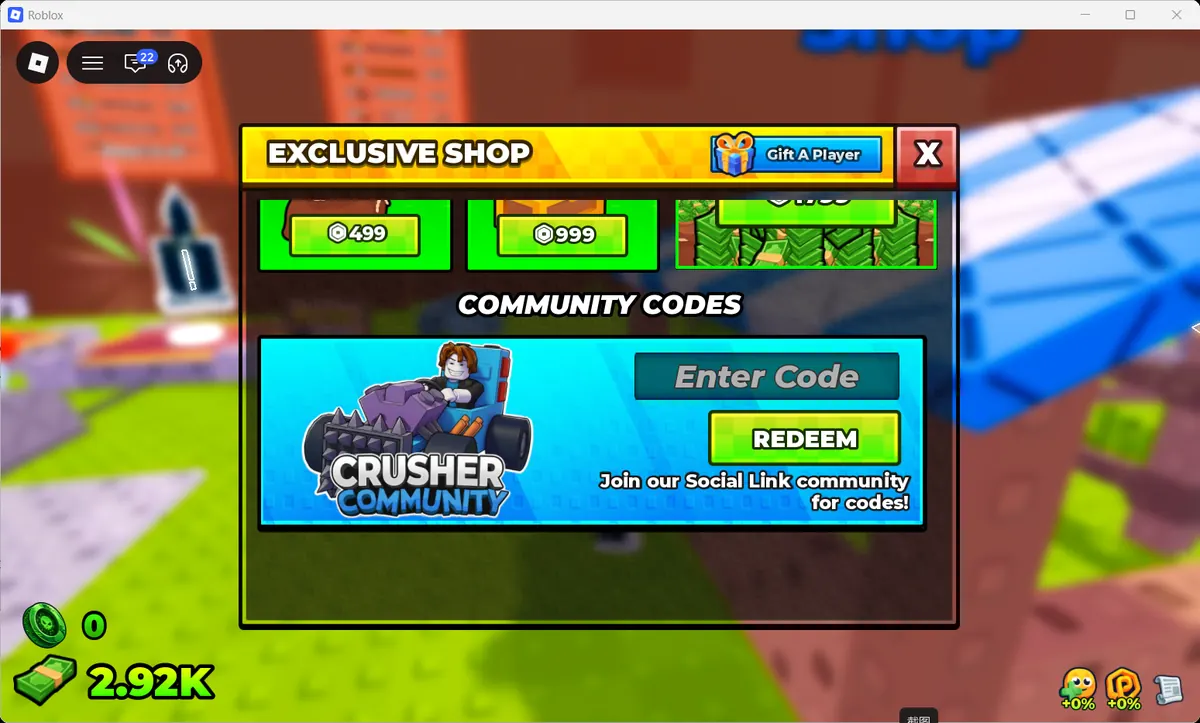 Build and Kill Zombies Community Codes screen with Enter Code and Redeem