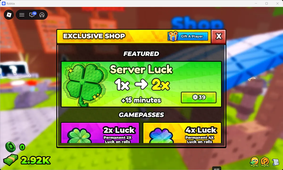 Featured Server Luck offer showing 39 Robux and plus 15 minutes